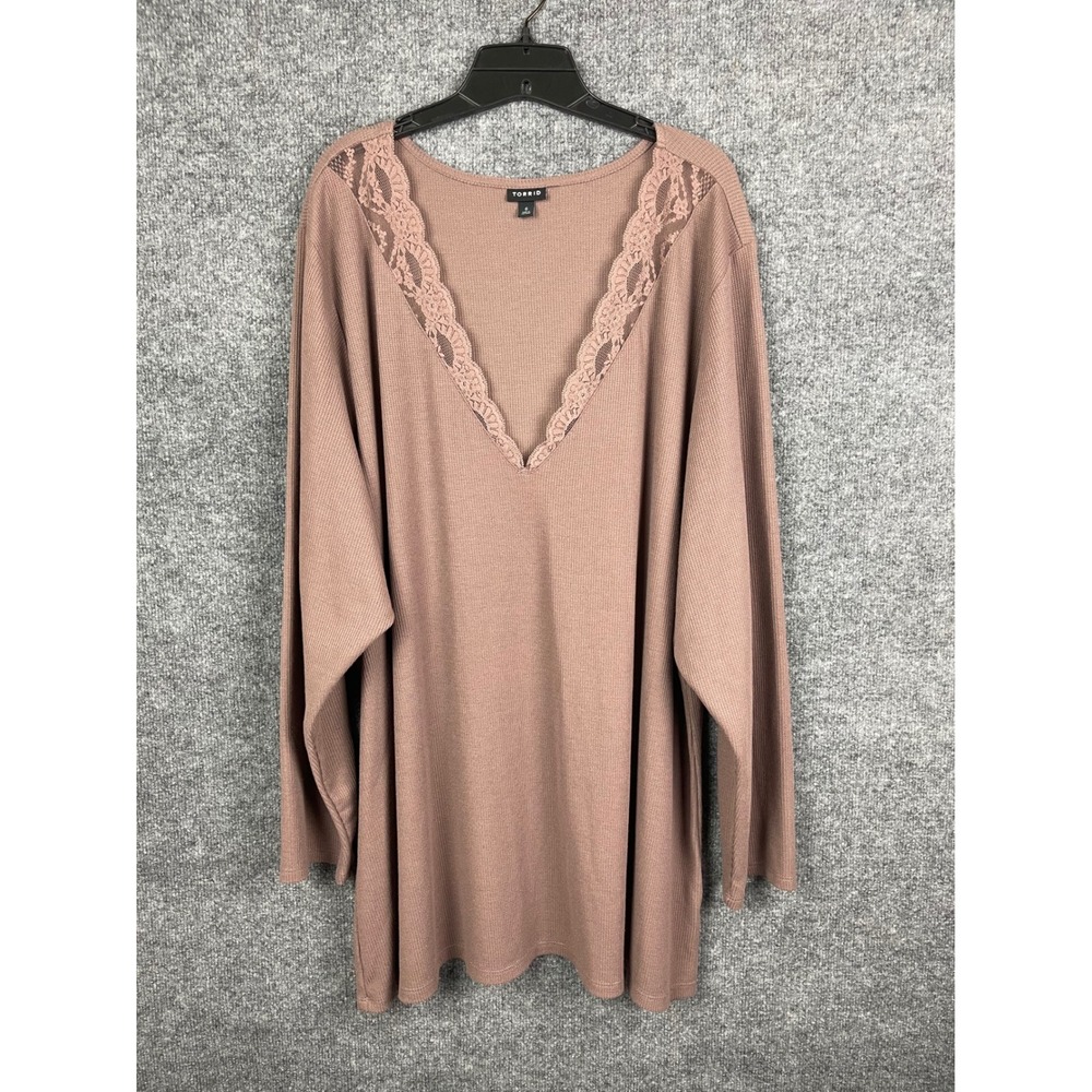 Torrid Thermal‎ Lace V-Neck Top Women 6 Mauve Excellent Long Sleeve Waffle Tunic